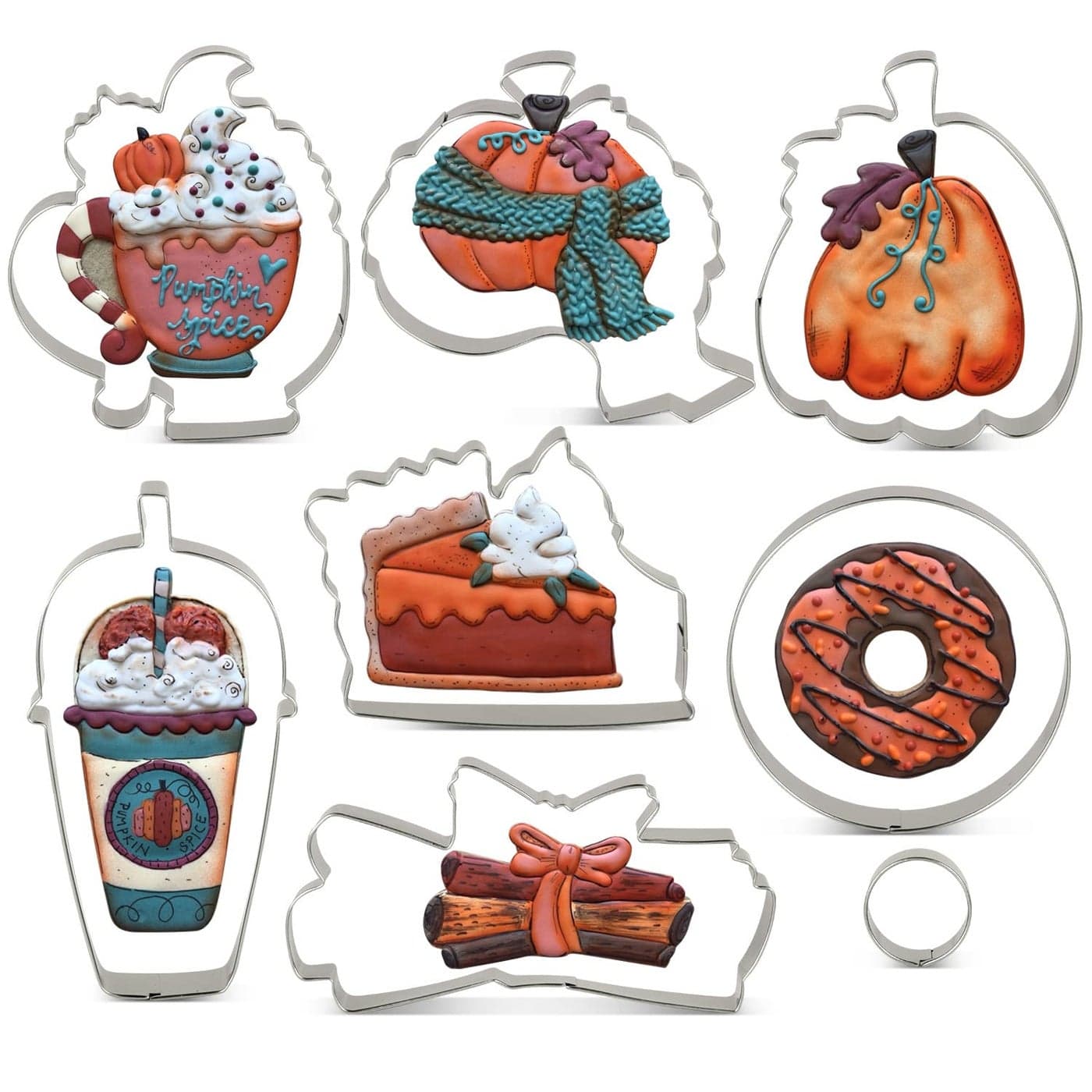 LILIAO Fall Cookie Cutter Set 8pc Pumpkin Latte Coffe Cup Coffe Mug Pie Slice Donuts and Cinnamon Stainless Steel