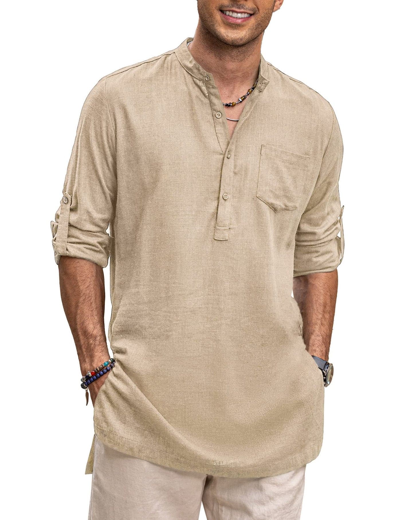 COOFANDY Mens Casual Henley Shirts Long Sleeve Cotton Linen Shirts Collarless Solid Indian Kurta Shirts with Pocket Khaki