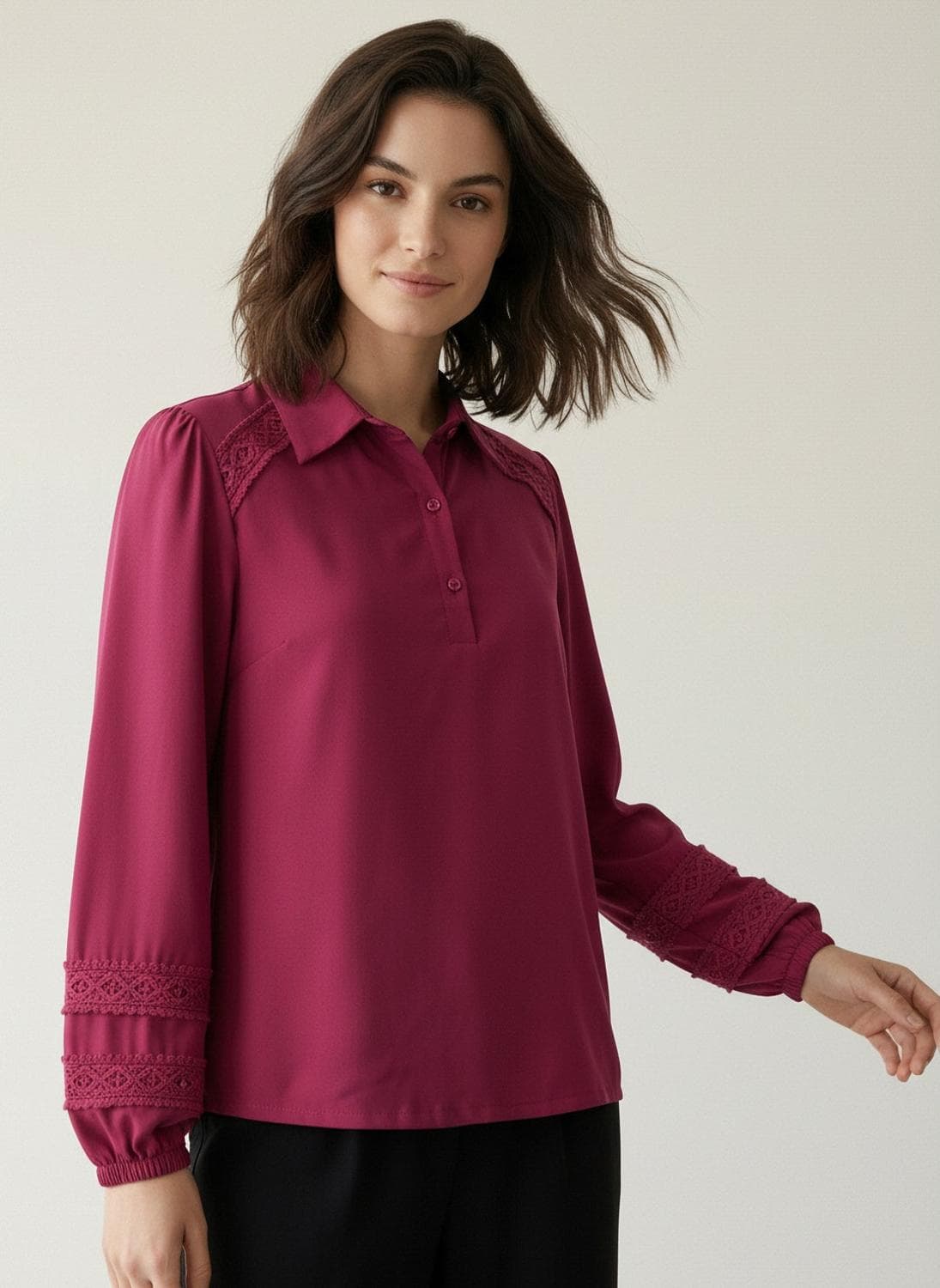 Globus Women's Pink Bishop Sleeves Casual Top with Shirt Collar and Lace Details