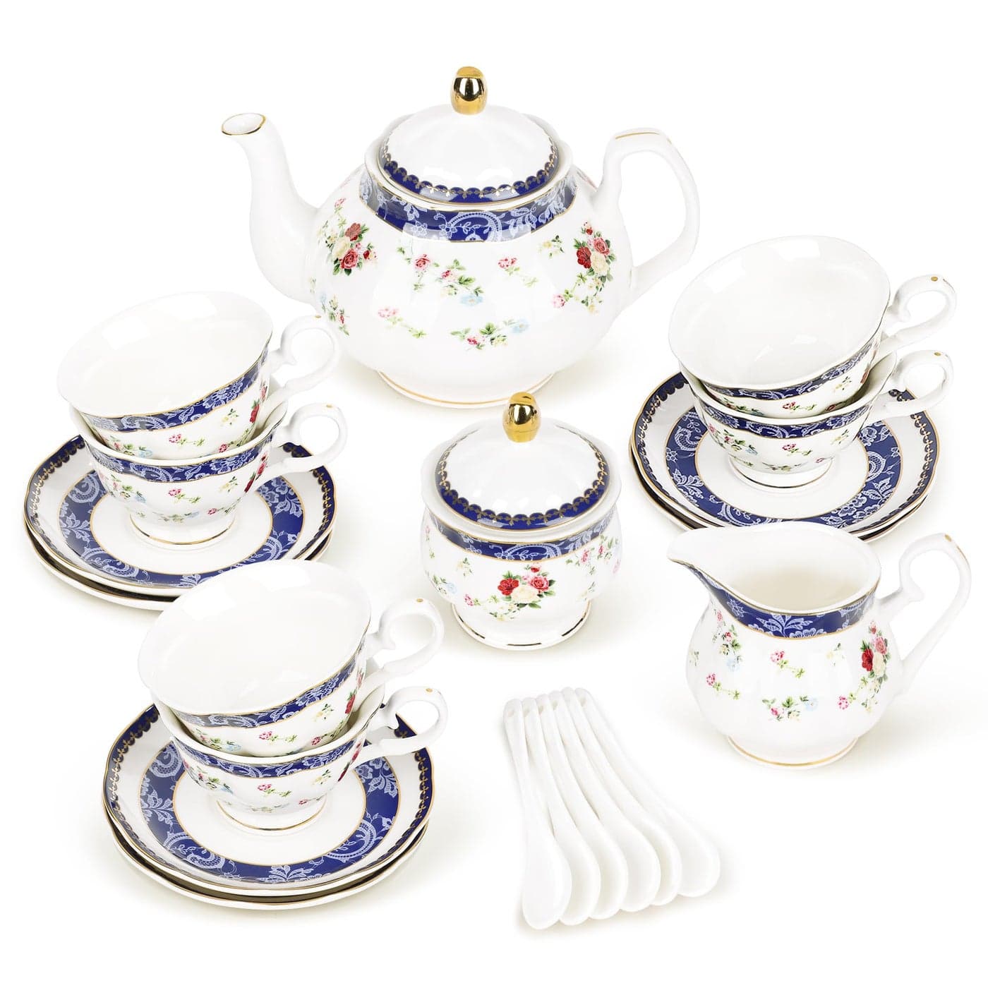 fanquare Bone China Tea Sets for Adults 21Piece Blue Lace and Roses Porcelain Tea Service with Sugar Bowl Creamer English Cremic Floral Teacups Set of 6 for Women Tea Party