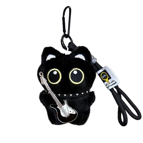 BONTOUJOUR Super Cute Funny Big Eyes Black Cat Theme Keychain, Curious Kawai Black Lucky Kitty Good Cluck Key Chain Ring Bag Pendant Christmas New Year Gift -Holding Guitar