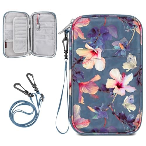 FINTIE Family Passport Holder for Travel, 6 People Big Capacity RFID Blocking Travel Document Organizer Clutch Bag with Pen Holder Keychain Credit Cards Case Cover for Women Men, Blooming Hibiscus
