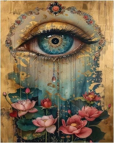 Diamond Art Kits for Adults Beginner Eye and Lotus DIY Modern Diamond Painting Kits 5D Diamond Dots Gem Art Crafts with ToolsRound Full Drill Funny Crafts for Home Wall DecorGift12X16 inch