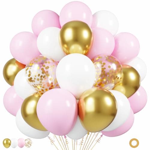 Pink and Gold Balloons 50pcs 12 Inches Pink White Gold Confetti Balloons with 1 Ribbon for Birthday Baby Shower Wedding Bridal Shower Princess Themed Party Decorations