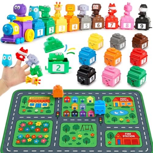 URMYWO Learning Toys for 1 2 3 Years Old Boy Girl Toddler Montessori Toys Train Set with 10 Finger Puppets Play Mat Counting Matching Sorting Toddler Birthday Gift Easter Basket Stuffers