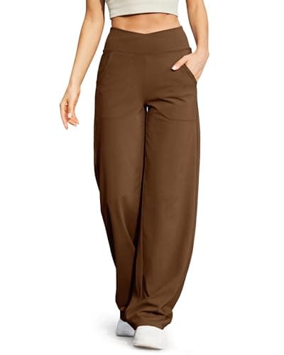 G4Free Yoga Pants for Women with Pockets Wide Leg Dress Pants with Pockets High Cross Waist Stretch Palazzo Pants Straight Leg(Dark Coffee,L,31")