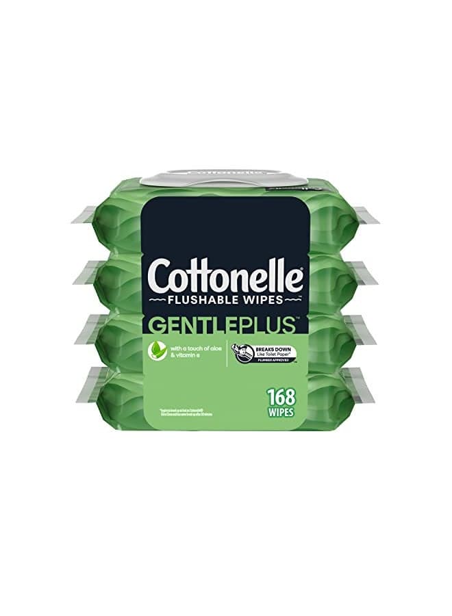 Cottonelle GentlePlus Flushable Wet Wipes with Aloe & Vitamin E - 4 Flip-Top Packs, 168 Total Flushable Wipes, 42 Count (Pack of 4)