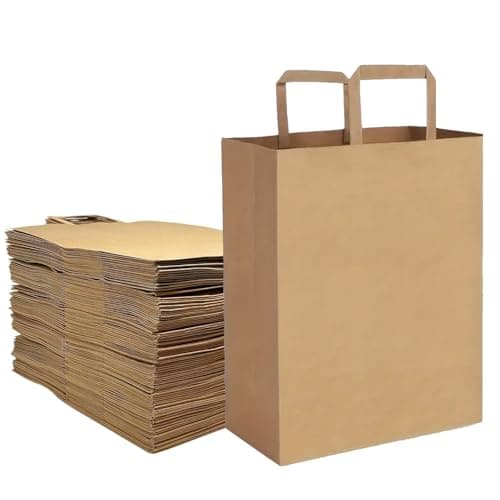 Aakriti Brown Medium Kraft Paper Grocery Bags with Flat Handles – 10 Pack, 10x8x5 Inch Reusable Shopping Bags for Groceries, Market, Takeout & Storage