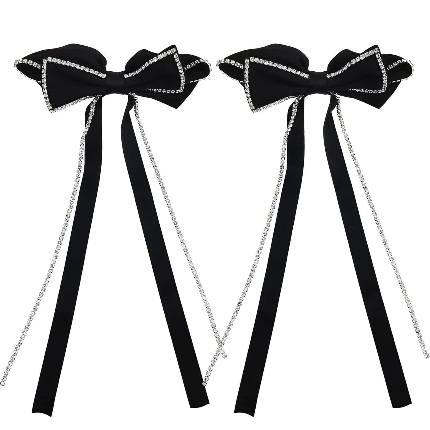 2 PACK Hair Bows Sparkly Rhinestone Tassel Hair Clips Barrettes Black Bowknot with Long Brocade Tassel Ribbon Claw Hair Accessories for Women and Girls