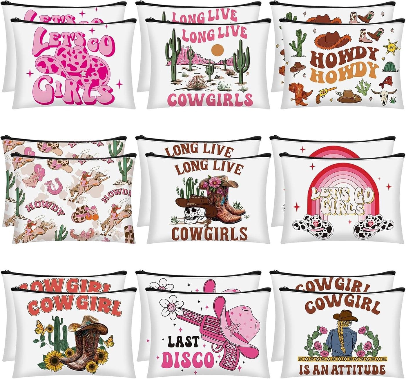 Reginary 18 Pcs Cowgirls Makeup Bag Disco Western Cosmetic Bag with Zippers Cowgirl Gifts Disco Party Favors Pouch for Women Girls Birthday Valentine‘s Day Stuff Supplies