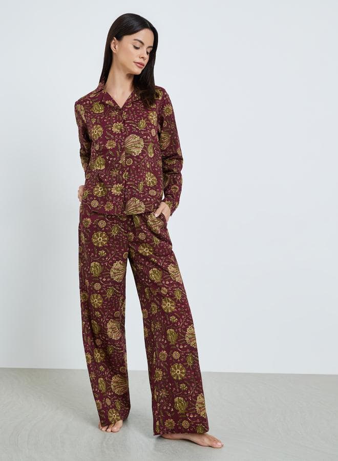 Floral Buttoned Cotton Shirt and Wide Leg Pyjama Set
