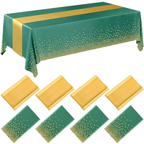 Breling 8 Pack Green and Gold Disposable Plastic Tablecloths and Satin Table Runner Set, 54 x 108 Inch Tablecloth, 12 x 108 Inch Table Runners for Wedding Graduation Birthday Baby Shower New Year