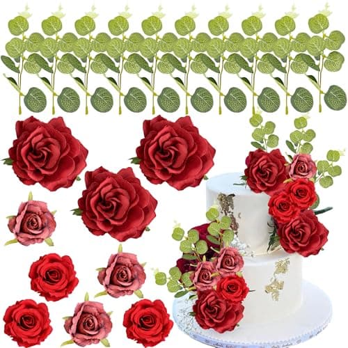 Ephlyn Boho Flower Cake Decoration with Red Rose Eucalyptus Cake Pick for Wedding Birthday Valentines Day Party DIY Cake Decorations Supplies Red Green