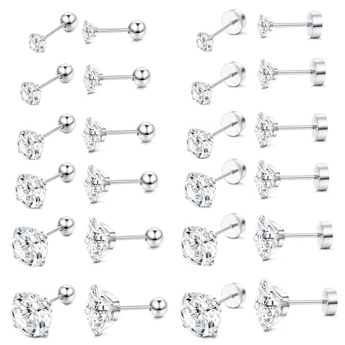 ORAZIO 6Pairs Hypoallergenic Flat Back Earrings 316L Stainless Steel Studs for Sensitive Ears, 3-8mm Cubic Zirconia, Stylish Jewelry for Women Men - Silver