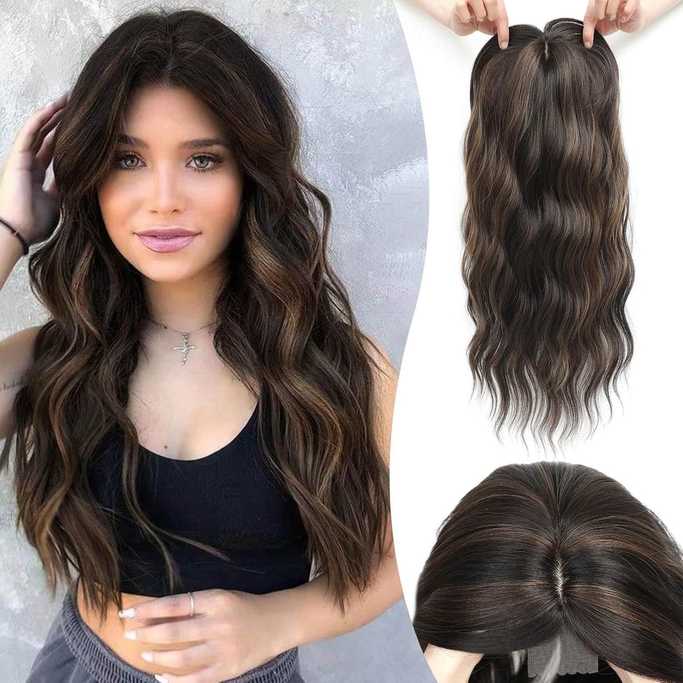 MORICHY Hair Toppers for Women Clip in Hair Topper with Bangs 20inch Chocolate Brown with Highlights Long Wavy Curly Synthetic HairPieces for Women
