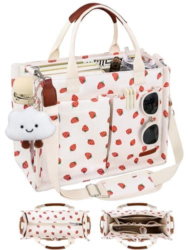 BESBESME Canvas Tote Bag for Women with Zipper, Compartments & Luggage Sleeve, Work and College Crossbody Bag, Laptop Purse for Teacher, Nurse, Travel, Bible Study, Beige Small Strawberry M