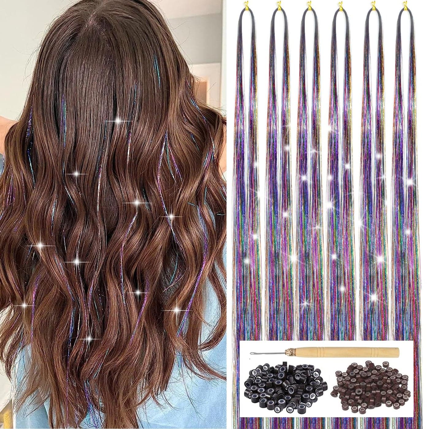 Hair Tinsel Kit with Tool 6pcs 1200 Strands Glitter Tinsel Hair Extensions Heat Resistant Sparkling Shiny Fairy Hair Accessories for Women Girls Kids Colorful