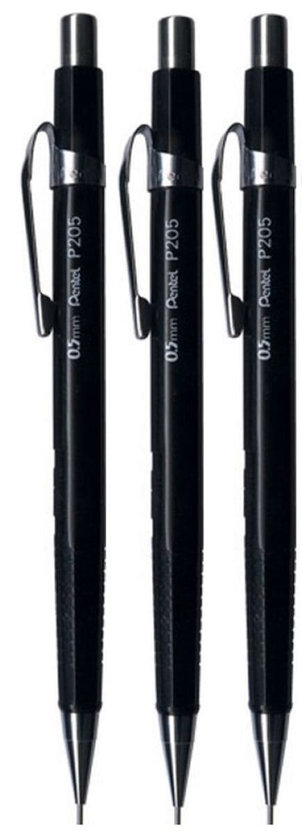 Pentel 0.5mm (P205-A) Black P200 Series Automatic Mechanical Drafting Pencil Refillable Lead Eraser (Pack Of 3)
