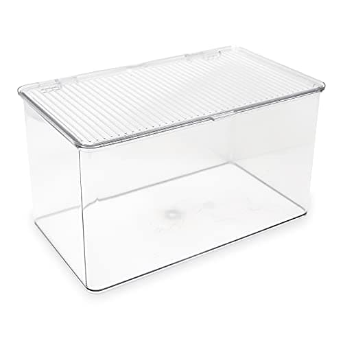 Isaac Jacobs Large Stackable Organizer Bin (10.75” x 6.5” x 6.1”) w Hinged Lid Clear Storage Box Home Office School Fridge Bathroom Kitchen Pantry Container BPAFree Food Safe (Large Clear)