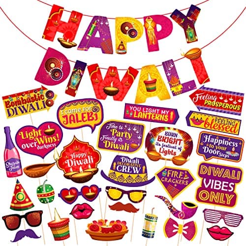 ZYOZIQUE 31 Pieces Happy Diwali Party Photo Booth Props And Banner Kit Festival Of Lights Prop For Photoshoot Diwali Party Picture Selfie Stick Props Party Decoration Supplies - Multicolor