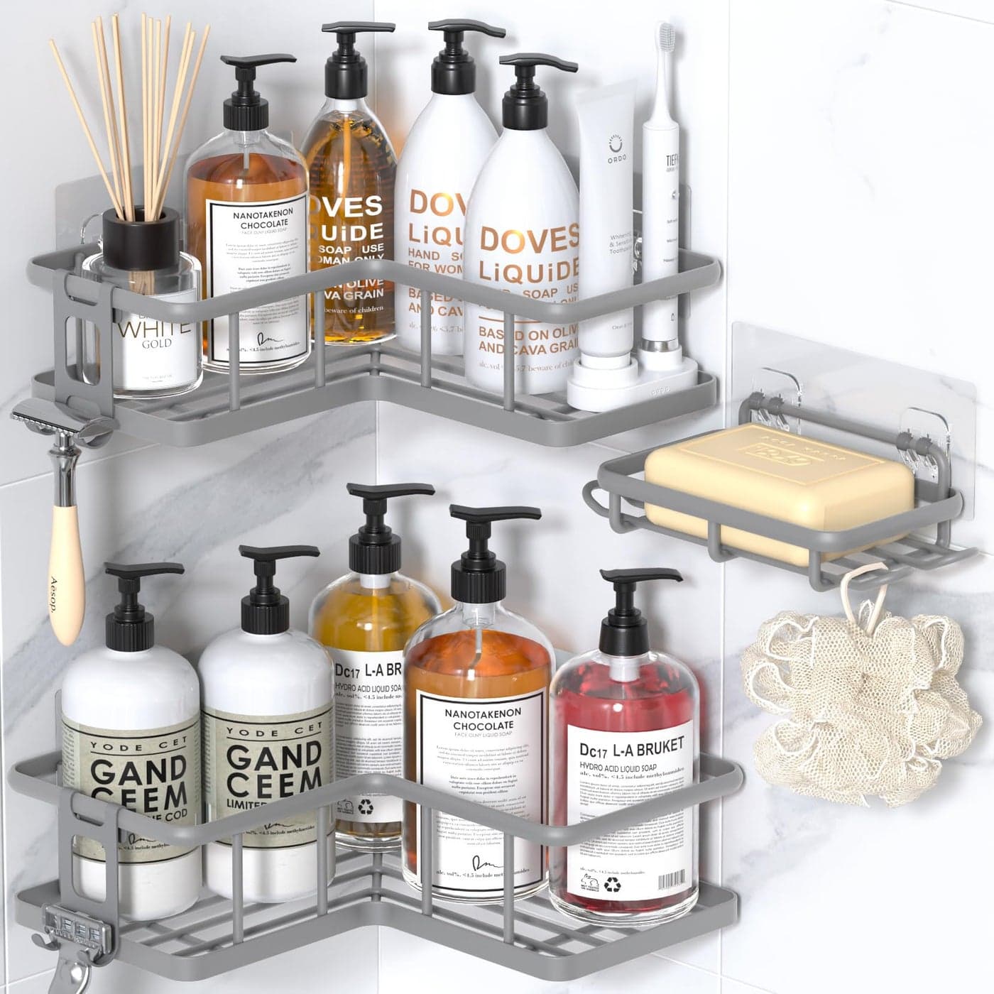 YASONIC Shower Caddy Corner 3Pack Adhesive Rustproof Stainless Steel Shower Shelves with Soap Holder No Drilling Shower Organizer Corner for Dorm Renters Bathroom Grey
