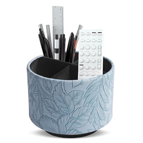 Hennaja Round Leather Art Supply Organizer,Remote Control Holder,360 Degree Spinning,Multi-Functional Pencil Holder,4 Compartments Desktop Stationary Organizer(1-Carved Light Blue)