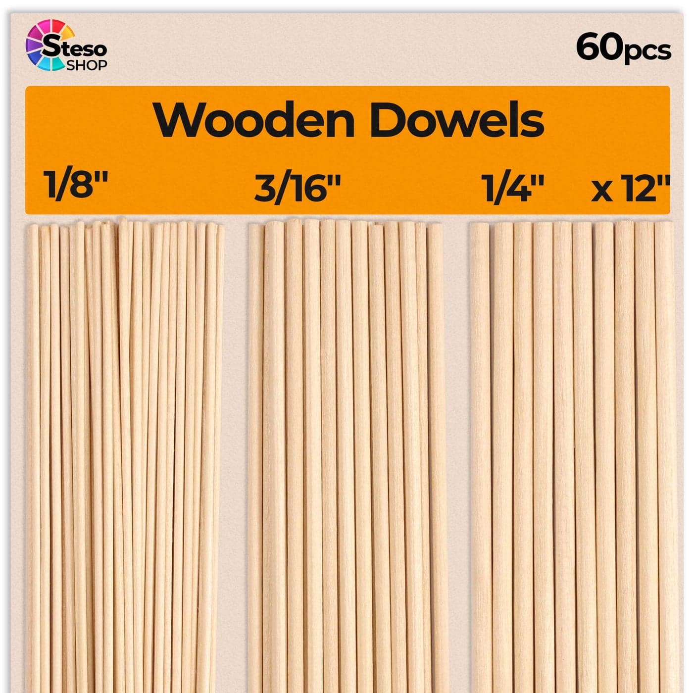 Wooden Dowel Rods for Craft 60 pcs Round Wood Dowels 12 inch in Varying Sizes 18 316 14 Different Rods Craft Sticks Round Dowels