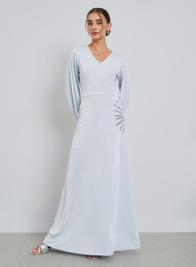 Grey Textured Sequin Embroidery Maxi Dress