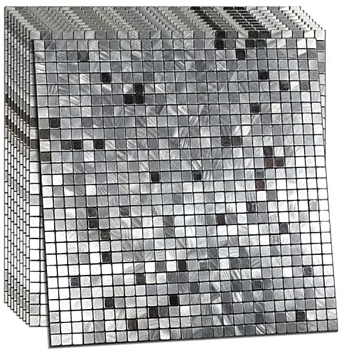XUANINY 10-Piece Peel and Stick Backsplash for Kitchen Aluminum 3D Wall Sticker Panel Self-Adhesive Metal Mosaic Tile (11.41"x11.41" Silver)