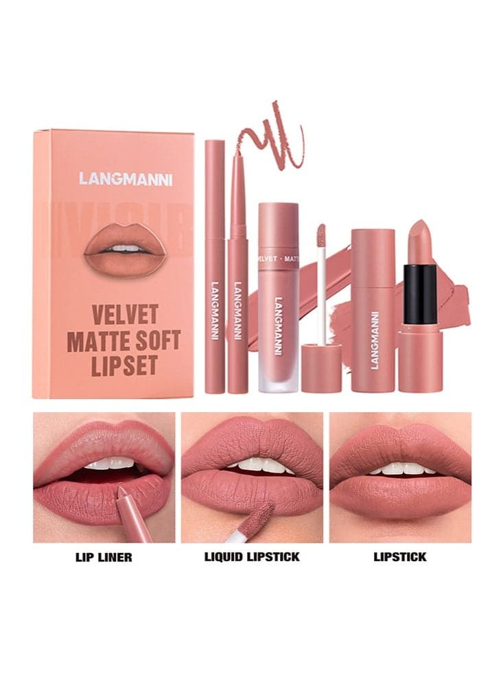 Velvet Matte Soft Lip Set-3PCS Matte Liquid Lipstick Lip Gloss & Liner Set - All-IN-One Lip Kit, Velvety Nude Color, Waterproof Make Up Set # 01