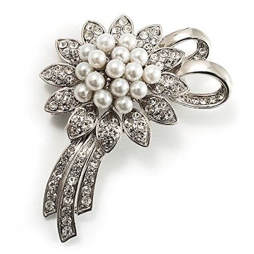 Avalaya Delicate Synthetic Pearl Bridal Floral Brooch (Silver Tone)