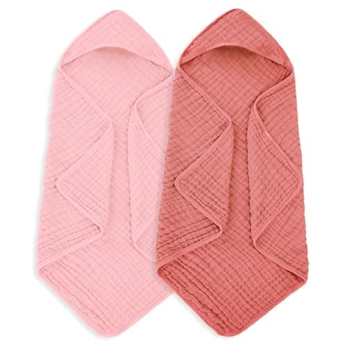 MIGIOL Muslin Hooded Baby Towels 100 Cotton Super Soft Muslin Baby Bath Towel 32 x 32 Inches Suitable for Newborn and Young Children up to 3 Years Old Light Pink Dark Pink