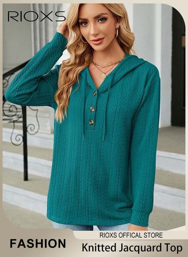Women's Solid Color V-neck Button Long Sleeve Shirt Hooded Knitted Jacquard Tops Soft and Comfortable Pullover Shirt