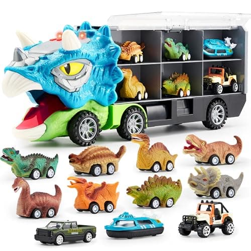 JOYIN 13 in 1 Dinosaur Toys for Kids 35 Triceraptor Dinosaur Truck with 12 Pull Back Cars Birthday Gifts Toys for 3 4 5 Year Old Boy Transport Carrier Truck for Toddlers 34 Years