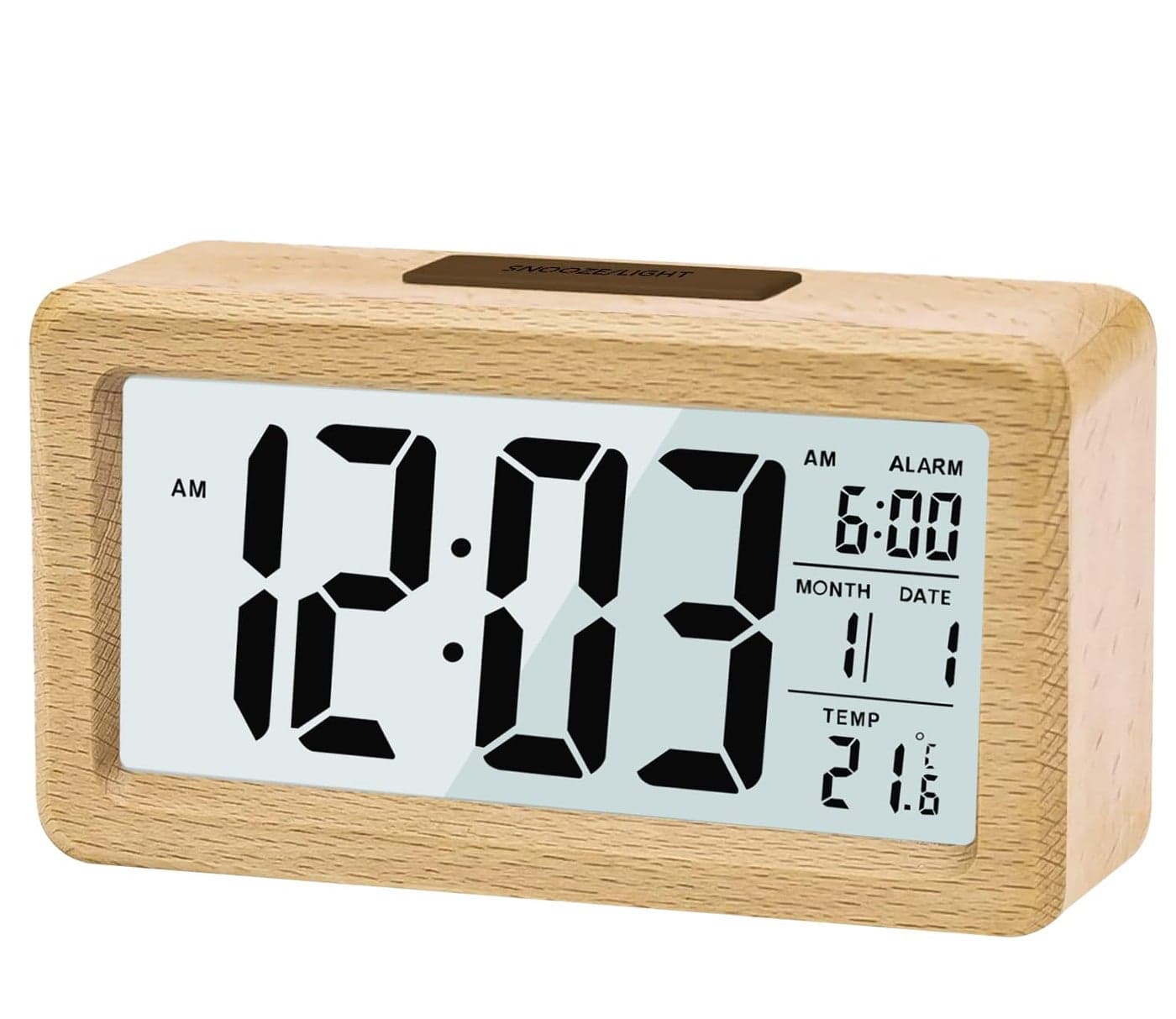 Kadio Digital Wooden Color Alarm Clock, LED Digital Clock Without Ticking with Date Display, Temperature, Snooze Function, for Bedroom, Bedside, Office, Battery Powered