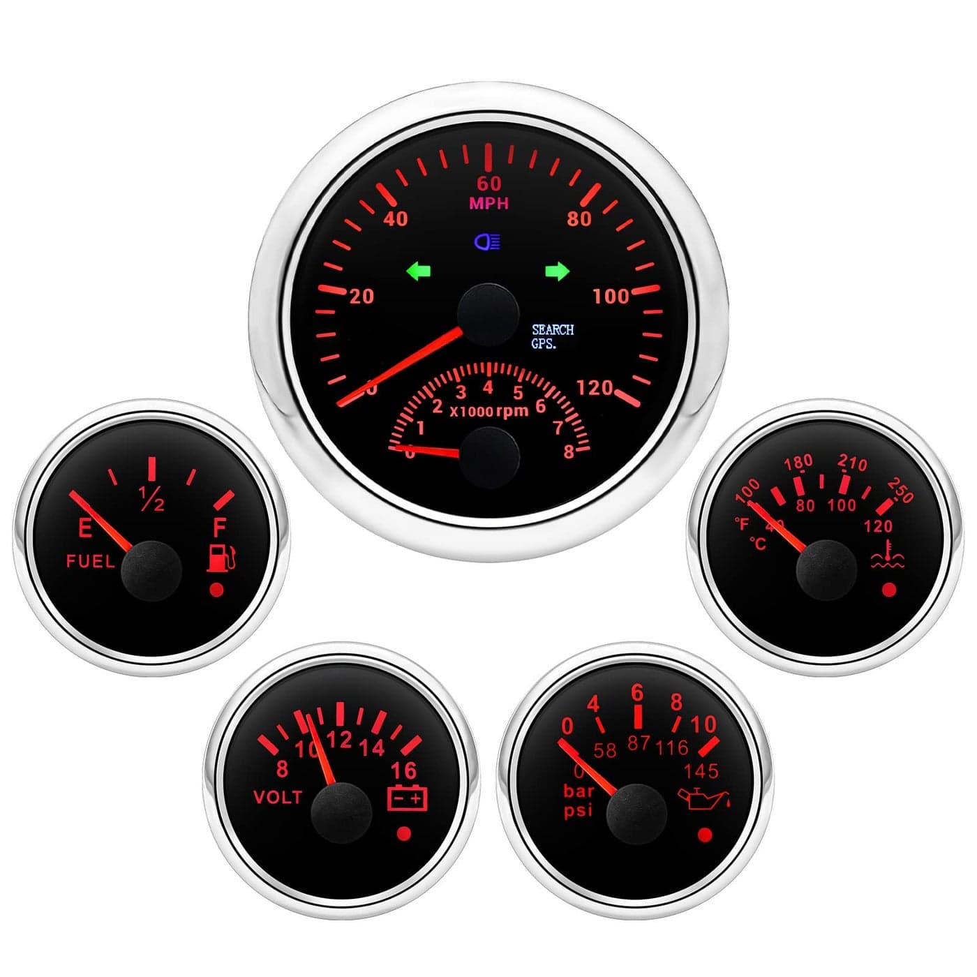 ARTILAURA 5 Gauge Set 338 85mm GPS Speedometer with Tachometer 2116 Fuel Level Gauge Water Temperature Gauge Oil Pressure Gauge Voltage Boat Gauge Set for Car AUTO Boat Marine Black