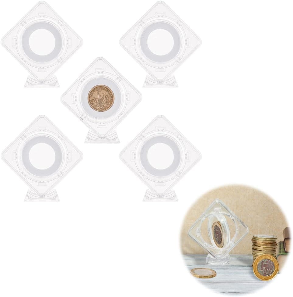 5 Pcs Acrylic Coin Display Stand for 8 Size Coin 0.7~1.6 inch Diameter Square Clear Coin Display Holder, 3D Rotatable Floating Coin Capsules Frame for Antique Challenge Coin