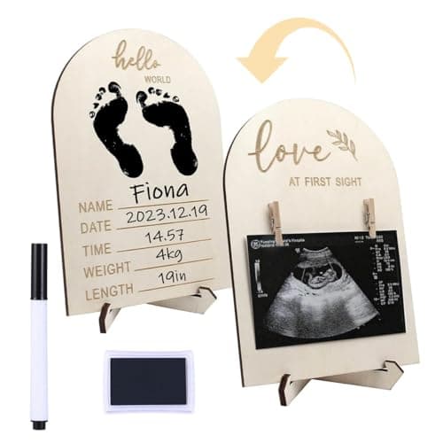 SNOWIE Soft® Baby Ultrasound Picture Frame Desk Baby Photo Frames Display Wooden Frame,with Ink Pad,Marker Pen Wooden Clips Creative Sonogram Photo Gift for New Mother Shower Gift