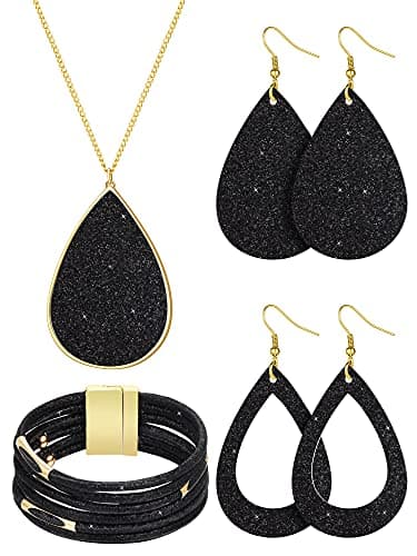 Hicarer 4 Pieces Women's Glitter Jewelry Set Bridal Wedding Multi-Layer Bracelet Faux Leather Dangle Earrings Necklace (Black)