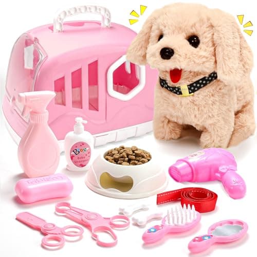 Volmop 14PCS Dog Toys for Kids Walking Barking Electronic Interactive Plush Puppy Toy with Carrier and Accessories Pet Care Toy Set for Kids for Girls and Boys 3 4 5 6 Year Old