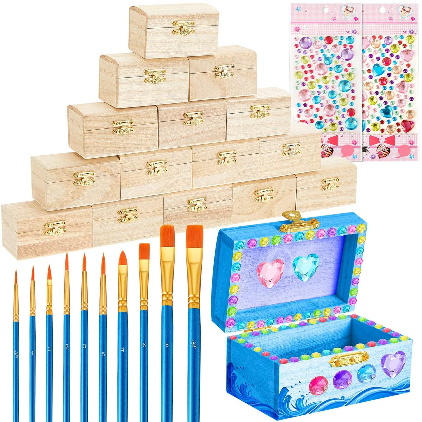 Leinuosen 15 Pcs Small Wooden Boxes with Hinged Lids 35 x 22 x 19 Inch Unfinished Wooden Treasure Chest Box 10 Pcs Paint Brushes with 2 Sheets Craft Gems Self Adhesive Rhinestones Stickers