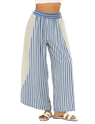 Athlisan Womens Summer Casual Loose Striped Wide Leg Lounge Pants Elastic Waist Palazzo Trousers(Blue-XS)
