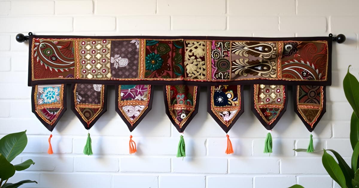 Indian Handmade Traditional Embroidered Toran Cotton Thoranam Door Living Room Decor Bandanwar Home Valance Decorations Window Hanging Bohemian Wall Ethnic Decorative Vintage (Brown 1 Meter)