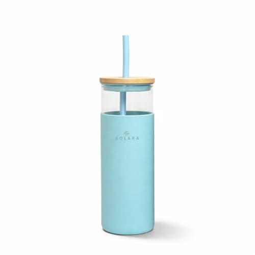 SOLARA Glass Tumbler with Bamboo Lid, Straw and Silicone Protector 500ml, Coffee & Juice Tumblers with Silicone Straw & Lid, Durable Travel Mug with Lid, Blue Breeze