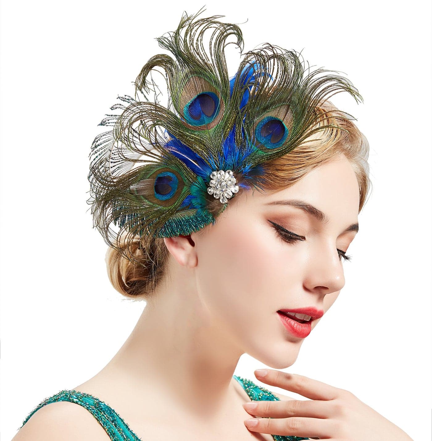 BABEYOND Peacock Feather Hair Clip 98 x 63 Style 2 1 Count Adult Females Womens Handmade with Peacock Feathers and Rhinestones Art Deco Feather Shape JClip 2 Pieces