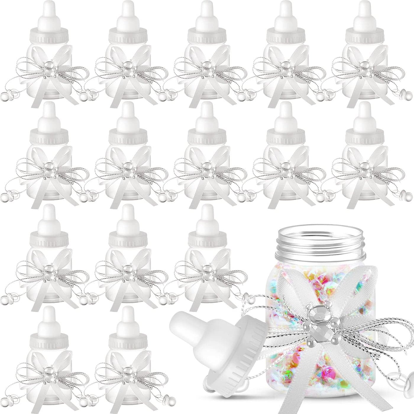 Nuenen 48 Pcs Baby Shower Milk Bottles with Ribbon Plastic Bear Candy Bottles Baby Shower Favors Gender Reveal Wedding Birthday Party DecorationsWhite