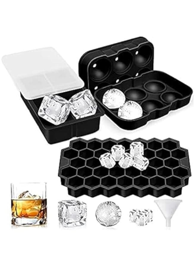 3 Pack Ice Cube Tray, Ice Trays for Freezer With Lid, Silicone Large Round Ice Cube Tray, Sphere Square Honeycomb Ice Trays, for Cocktails and Bourbon, Reusable Ice Cube Trays ,NO BPA