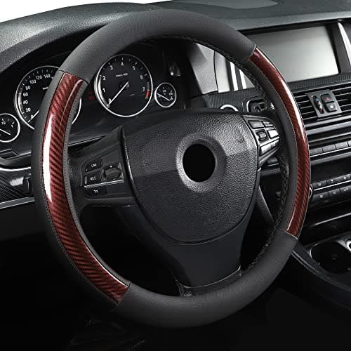 Microfiber Leather 15" Universal Fit Car Steering Wheel Cover, Elastic Breathable and Odorless, Black with Red Accent