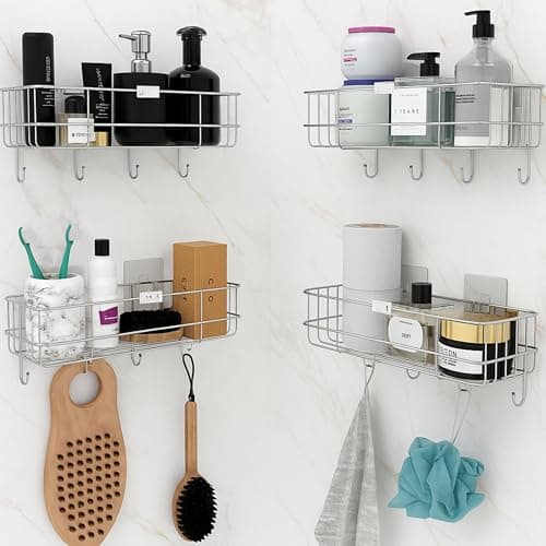 Boniry 4 Pcs Stainless Steel Bathroom Shelf for Wall | Self Adhesive Bathroom Organiser | 4 Hooks for Towel Holder | Space-Saving Wall Mounted Bathroom Shelf with Elegant Design (Silver)