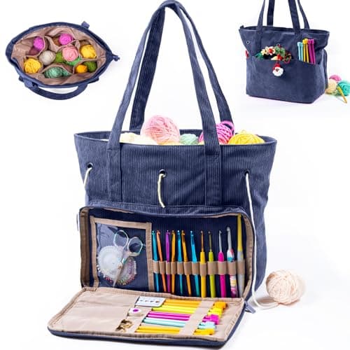 MYBAGZING Large Yarn Tote Organizer Corduroy Knitting Storage Holder for Yarn Hooks Accessories Portable Craft Carryall for Crocheting Lovers Mothers Day Gift
